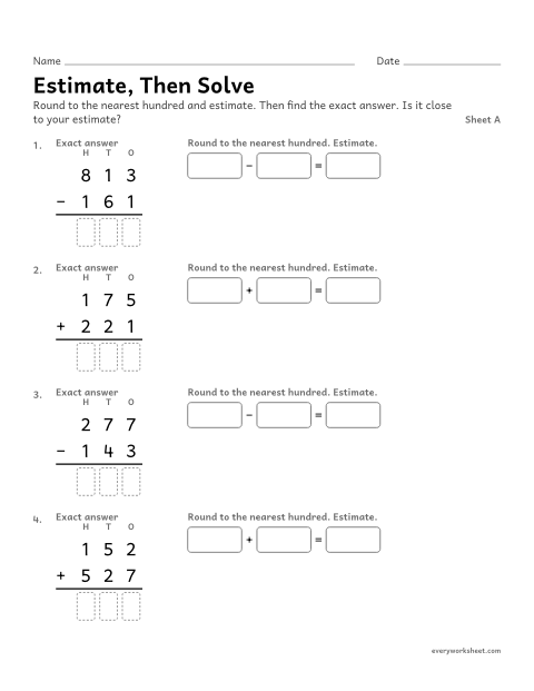 Preview of the printable “Estimate, then Solve, sheet A” worksheet: estimating sums and differences by rounding to check an answer