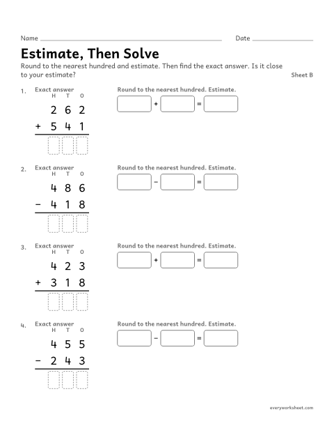 Preview of the printable “Estimate, then Solve, sheet B” worksheet: estimating sums and differences by rounding to check an answer