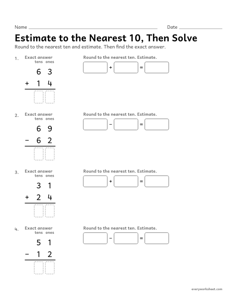 Preview of the printable “Estimate to the nearest 10, then solve” worksheet: estimating two-digit sums and differences by rounding to 10