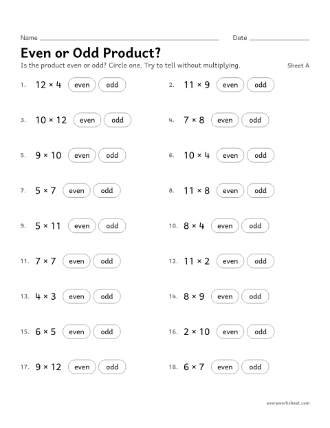 Preview of the printable “Even or odd Product?, sheet A” worksheet: predicting whether a product is even or odd