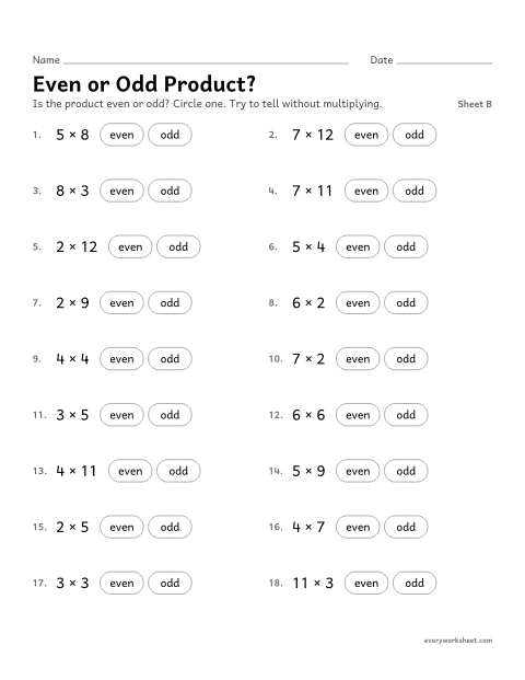 Preview of the printable “Even or odd Product?, sheet B” worksheet: predicting whether a product is even or odd
