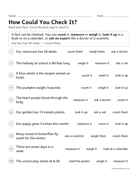 Preview of the printable “How could you check It?” worksheet: choosing a way to check a fact: count, measure, weigh, look it up, or ask an expert