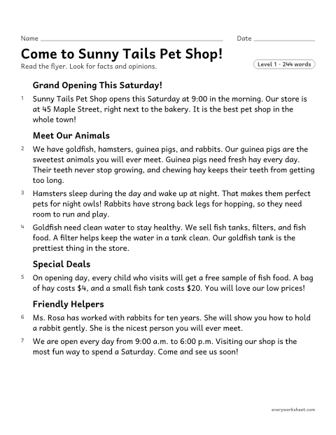 Preview of the printable “Fact and opinion in a pet shop flyer” worksheet: finding facts and opinions in an advertising flyer