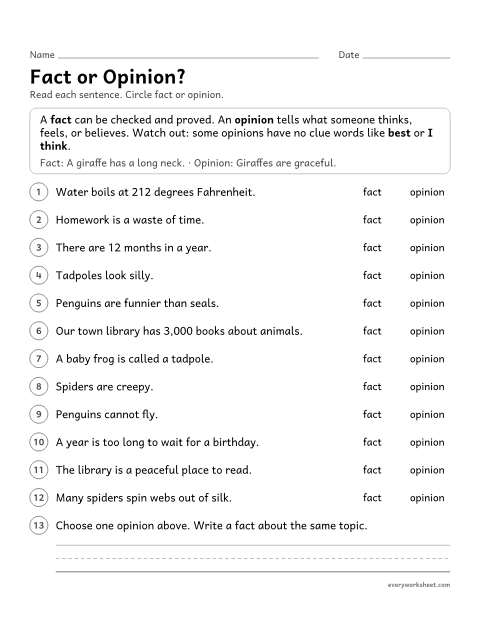Preview of the printable “Fact or Opinion?” worksheet: telling facts from opinions, including opinions without clue words