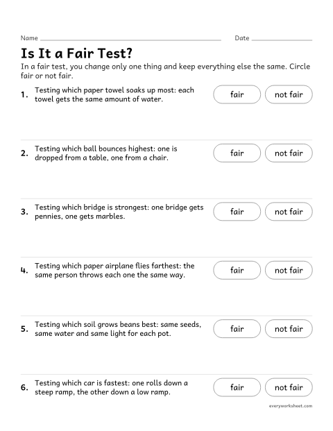 Preview of the printable “Fair test worksheet for 3rd grade” worksheet: identifying fair tests in which only one variable changes
