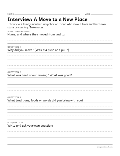 Preview of the printable “Family history interview worksheet for kids” worksheet: gathering information about why and how people move by interviewing someone