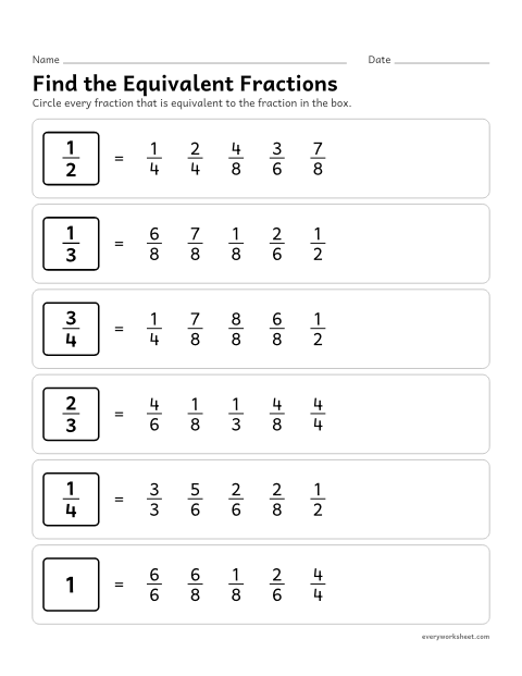 Preview of the printable “Find the equivalent fractions” worksheet: circling every fraction equal to a given fraction, including fractions equal to 1