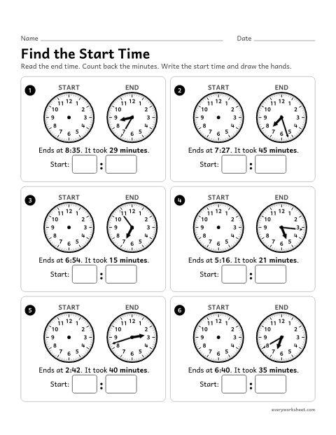 Preview of the printable “Find the start time” worksheet: counting back minutes from an end time to find the start time