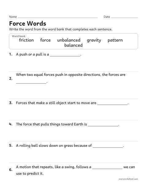 Preview of the printable “Forces and motion vocabulary fill in the blank” worksheet: using the vocabulary of forces and motion