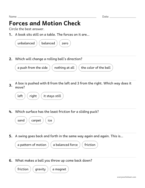 Preview of the printable “Forces and motion quiz for 3rd grade” worksheet: reviewing forces, balanced and unbalanced forces and patterns of motion