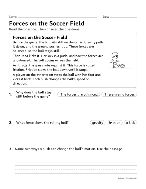 Preview of the printable “Forces and motion reading passage for 3rd grade” worksheet: reading an informational passage about forces that change motion