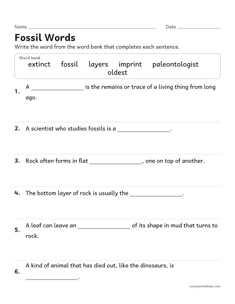 Preview of the printable “Fossils vocabulary fill in the blank” worksheet: using the vocabulary of fossils