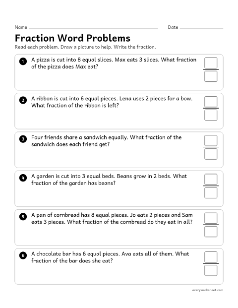 Preview of the printable “Fraction word problems” worksheet: solving word problems about equal parts of a whole and writing the fraction