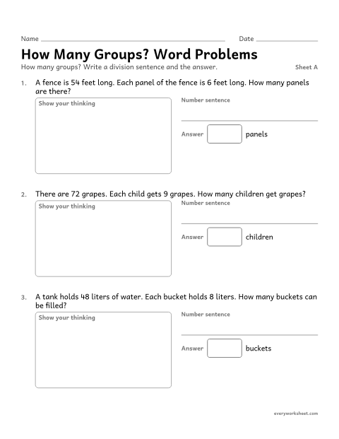 Preview of the printable “How many Groups? word Problems, sheet A” worksheet: solving division word problems with an unknown number of groups