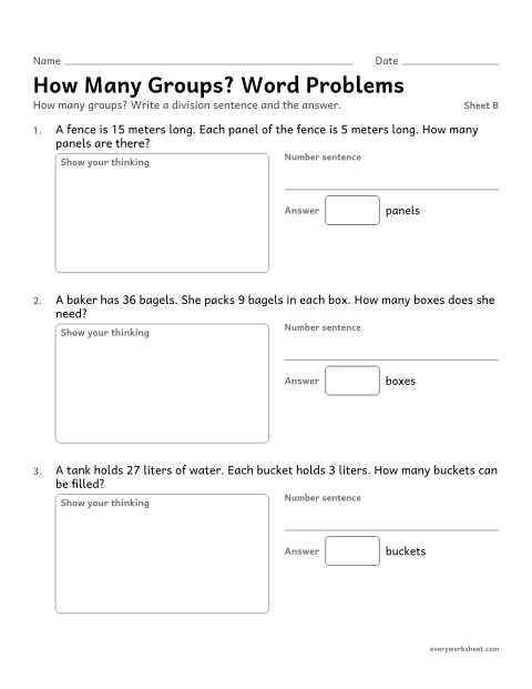 Preview of the printable “How many Groups? word Problems, sheet B” worksheet: solving division word problems with an unknown number of groups
