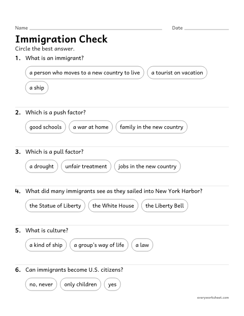 Preview of the printable “Immigration quiz for 3rd grade” worksheet: reviewing immigration vocabulary, push and pull factors and Ellis Island