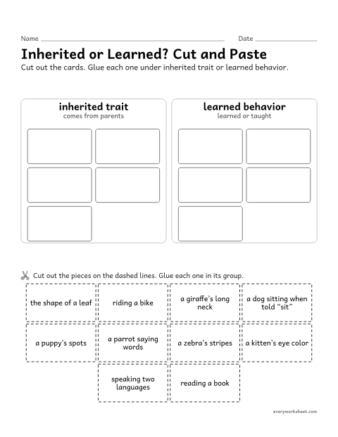 Preview of the printable “Inherited traits or learned behaviors cut and paste” worksheet: sorting examples into inherited traits and learned behaviors