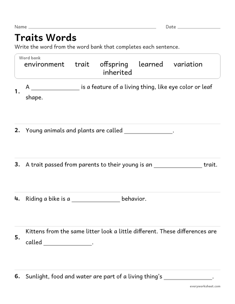 Preview of the printable “Inherited traits vocabulary fill in the blank” worksheet: using the vocabulary of inherited traits, variation and the environment