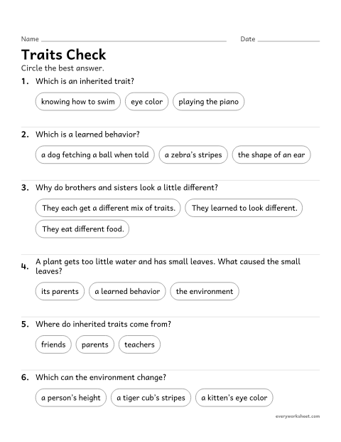 Preview of the printable “Inherited traits quiz for 3rd grade” worksheet: reviewing inherited traits, learned behaviors, variation and the environment