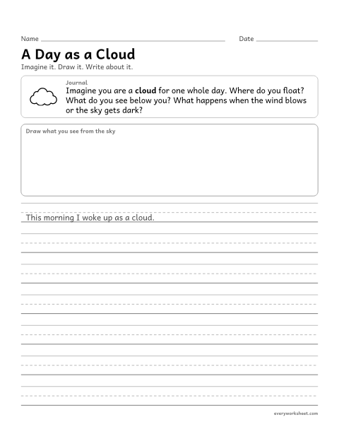Preview of the printable “A day as a cloud” worksheet: writing an imagined journal entry with description and events