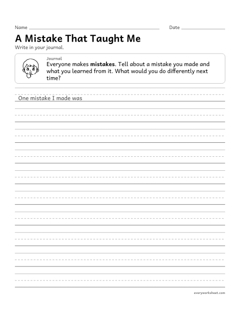 Preview of the printable “A mistake that taught me” worksheet: reflecting on learning from a mistake in a journal entry