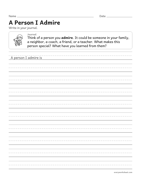 Preview of the printable “A person I admire” worksheet: reflecting on a person one admires and why