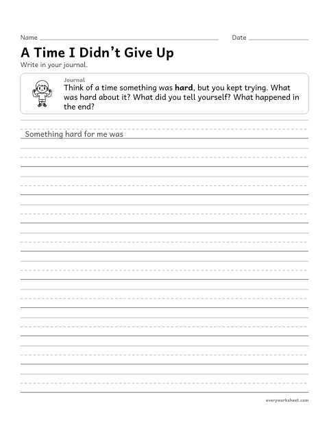 Preview of the printable “A time I Didn't give up” worksheet: reflecting on perseverance in a journal entry
