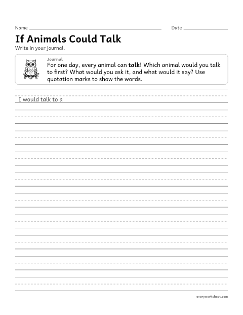 Preview of the printable “If animals could talk” worksheet: writing an imagined conversation in a journal entry
