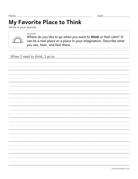 Preview of the printable “My favorite place to think” worksheet: writing a journal entry with sensory details about a place