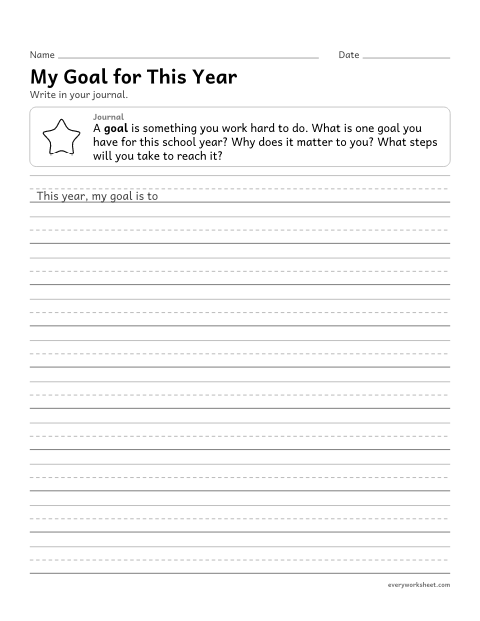 Preview of the printable “My goal for this year” worksheet: setting a goal and planning steps in a journal entry