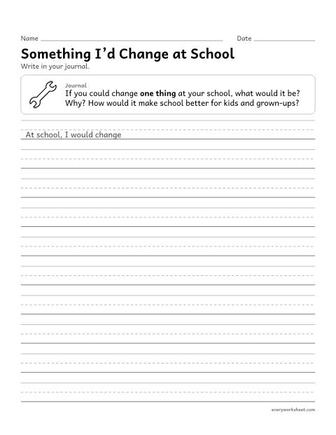 Preview of the printable “Something I'd change at school” worksheet: reflecting on school and giving reasons in a journal entry