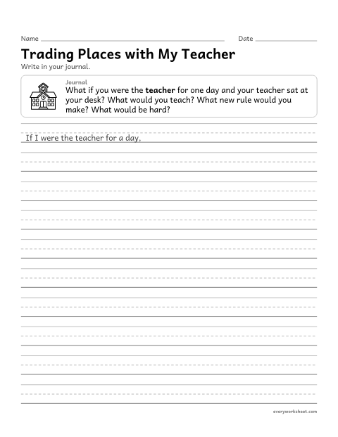 Preview of the printable “Trading places with my teacher” worksheet: writing an imagined journal entry from a new point of view