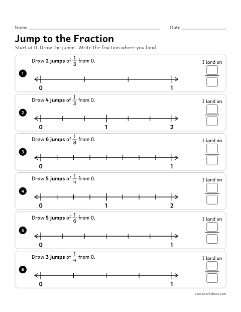 Preview of the printable “Jump to the fraction” worksheet: showing a/b by drawing a jumps of 1/b from 0 on a number line