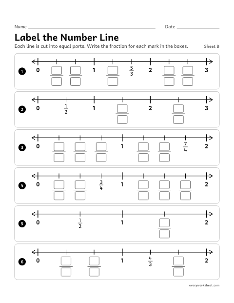 Preview of the printable “Label the number Line, sheet B” worksheet: writing fractions greater than 1 on number lines from 0 to 2 and 0 to 3