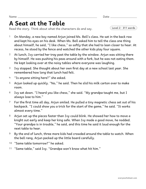 Preview of the printable “A seat at the table” worksheet: inferring characters' feelings and traits from their actions and words, and explaining how a character changes