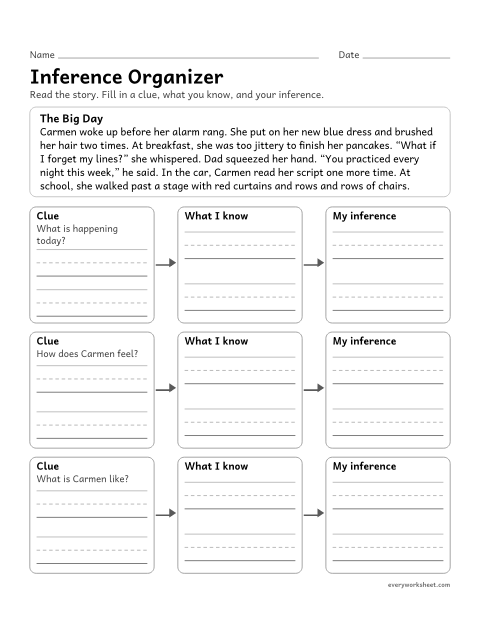 Preview of the printable “Inference organizer” worksheet: making inferences about a story with a clue, background knowledge, and a conclusion