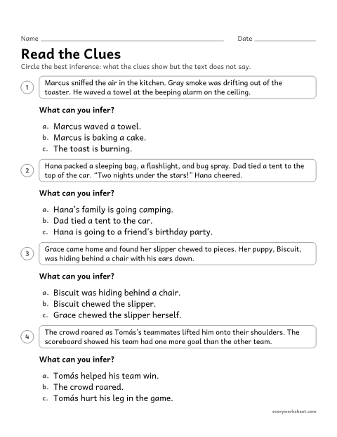 Preview of the printable “Read the clues” worksheet: choosing the inference the clues support, and telling it apart from a detail the text states