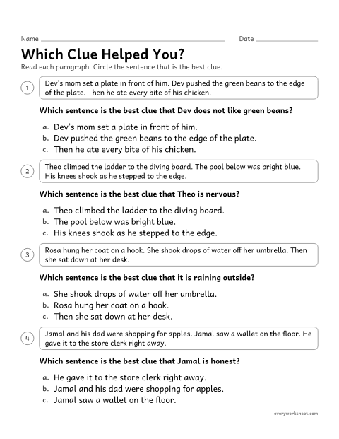Preview of the printable “Which clue helped You?” worksheet: choosing the sentence in a text that best supports an inference