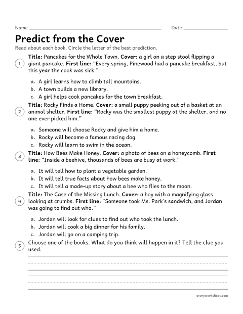 Preview of the printable “Predict from the cover” worksheet: predicting what a book will be about from its title, cover, and first sentence