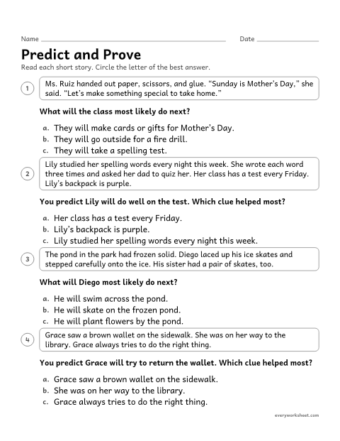 Preview of the printable “Predict and prove” worksheet: choosing the best-supported prediction and the clue that supports a prediction