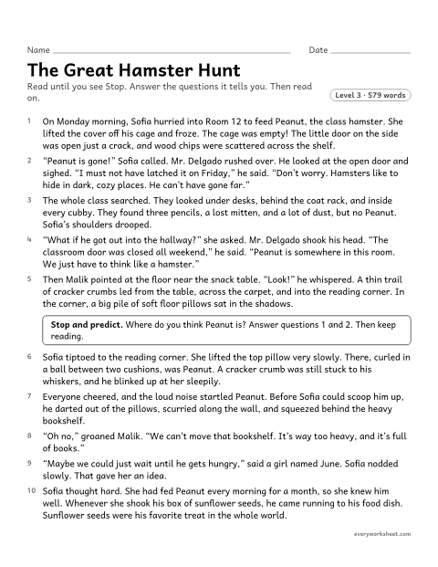 Preview of the printable “Stop and Predict: the great hamster hunt” worksheet: stopping to predict with clues, then reading on to check the predictions