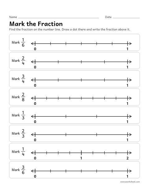 Preview of the printable “Mark the fraction” worksheet: counting jumps of 1/b from 0 to find and mark a fraction on a number line