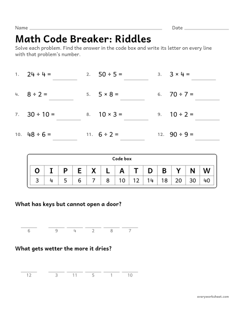Preview of the printable “Math code Breaker: riddles” worksheet: solving multiplication and division facts to decode two riddle answers