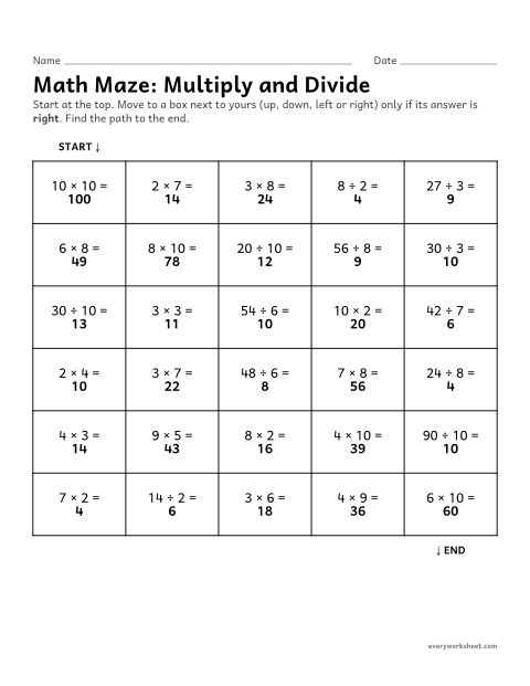Preview of the printable “Math Maze: multiply and divide” worksheet: checking multiplication and division facts to find the path through a maze
