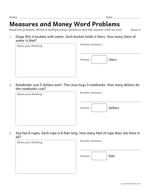 Preview of the printable “Measures and money word Problems, sheet A” worksheet: solving multiplication word problems with measures and money