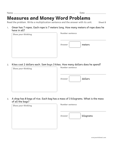 Preview of the printable “Measures and money word Problems, sheet B” worksheet: solving multiplication word problems with measures and money