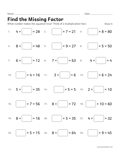 Preview of the printable “Find the missing Factor, sheet A” worksheet: finding an unknown factor