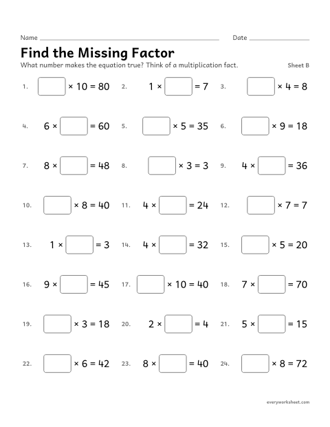 Preview of the printable “Find the missing Factor, sheet B” worksheet: finding an unknown factor
