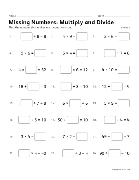Preview of the printable “Missing Numbers: multiply and Divide, sheet A” worksheet: finding the unknown number in multiplication and division equations