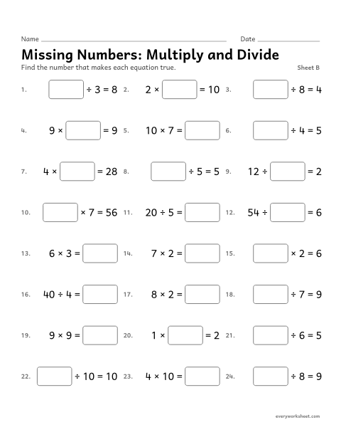 Preview of the printable “Missing Numbers: multiply and Divide, sheet B” worksheet: finding the unknown number in multiplication and division equations